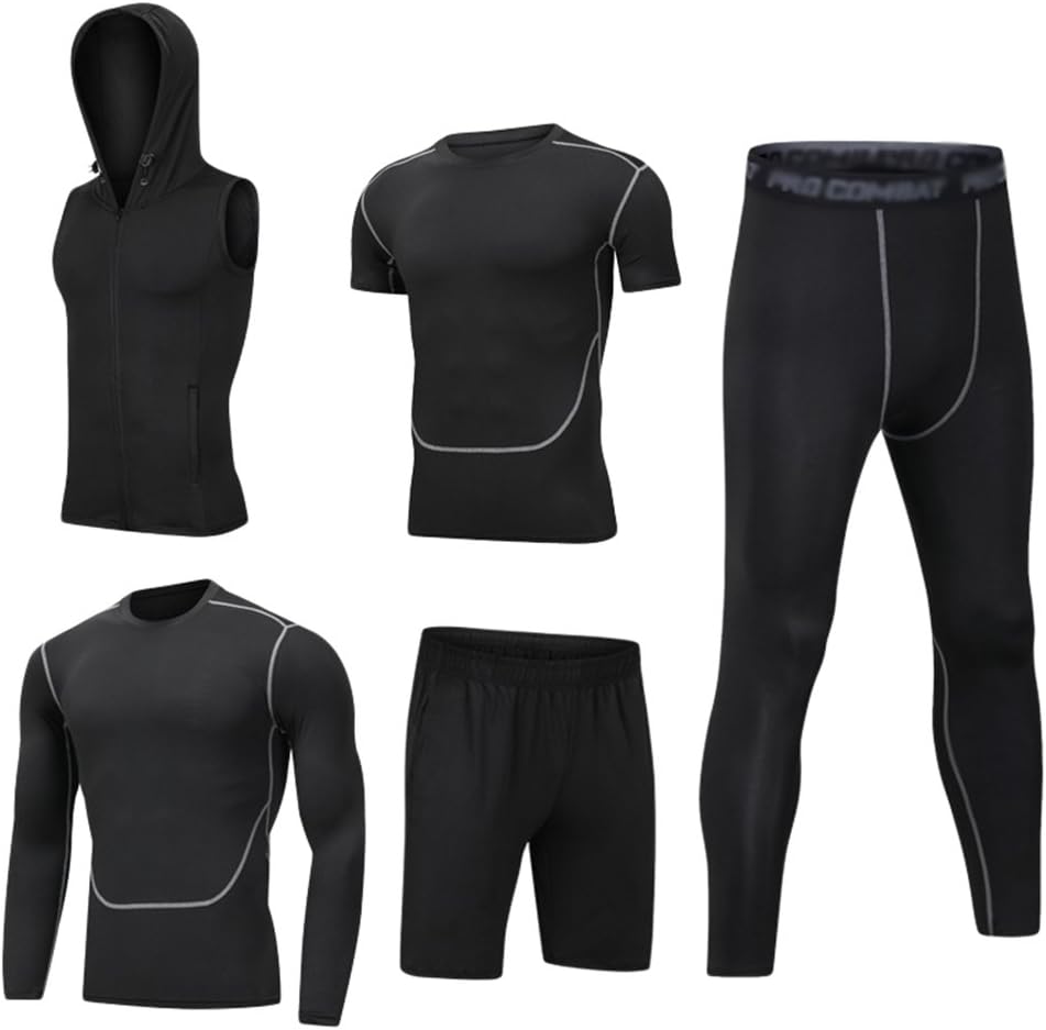 Mens 5pcs Sports Gym Fitness Clothing Set Hoodies Jackets+Long Sleeve+Short Sleeve Base Layers T Shirts+Loose Fitting Shorts+Compression Pants for Workout Training Running Tracksuits