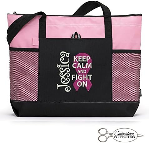 Breast Cancer Awareness Personalized Embroidered Tote Bag with Mesh Pockets