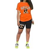 PINSV Women's 2 Piece Outfits Summer Printing Bodycon Short Pants Workout Sets