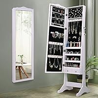 MTFY Lockable Jewelry Cabinet Jewelry Armoire with Mirror Jewelry Holder Organizer Storage, 4 Angle Adjustable，White(Style-2)