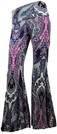 Women Paisley Palazzo Hippie Pants Fold-Over Waist Bell Bottom Leg