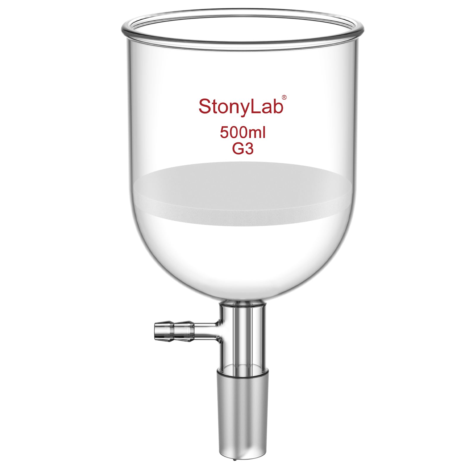 StonyLab Borosilicate Glass Buchner Filtering Funnel with Fine Frit(G3), 94mm Inner Diameter, 100mm Depth, with 24/40 Standard Taper Inner Joint and Vacuum Serrated Tubulation (500 mL)