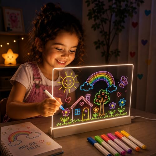 Quadro de Desenho Luminária LED para Escrita com 7 Canetas – Lousa de Mesa para Anotações em Acrílico com Efeito 3D