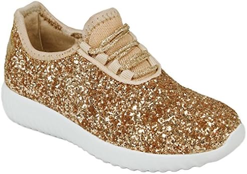 Kids Girls Rosegold Fashion Metallic Sequins Glitter Lace up Light Weight Stylish Sneaker Shoes-4