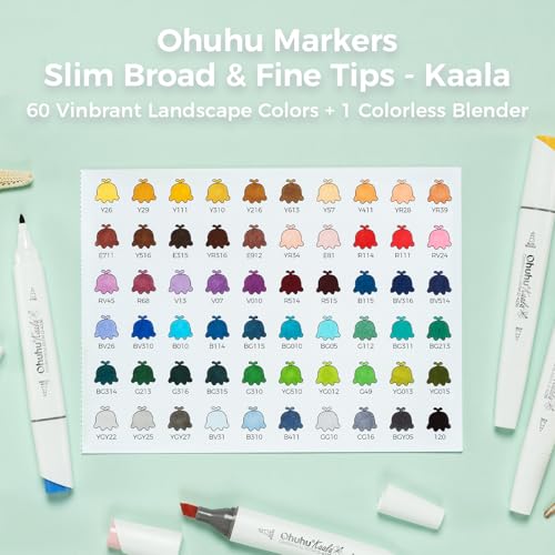 Ohuhu Marcadores Alcohol Doble Punta Ancha y Fina para Artistas Adultos Colorear Dibujar Paisaje - 60 Colores Kaala Marcadores Recargables Regalo