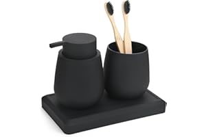 DAHACIS Black Bathroom Accessories Set, Modern 3 Pcs Bathroom Essentials - Soap Dispenser, Toothbrush Holder & Tray, Countert