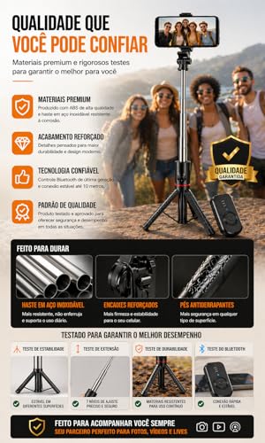 Tripé para Celular 1,70m com Altura Ajustável, Bastão de Selfie 3 em 1 com Controle Bluetooth, Rotação 360°, Portátil para Vídeos, Fotos e Lives, iPhone e Android