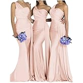 One Shoulder Mermaid Bridesmaid Dresses Satin Pleated Prom Dresses Bodycon Long Formal Evening Gowns with Train