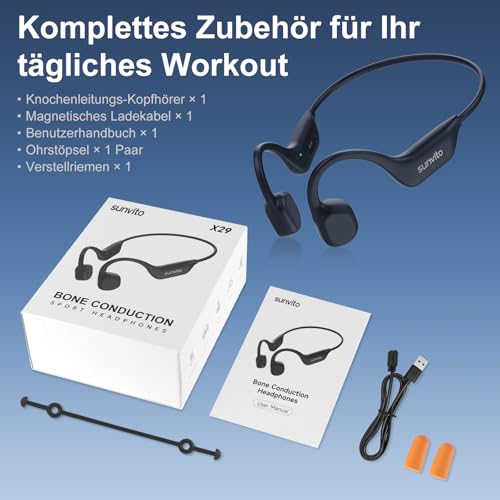 sunvito Knochenschall Kopfhörer Bluetooth 6.0, offene Bluetooth-Funkkopfhörer für Sport, wasserdichte, leichte Ohrhörer mit Ohrstöpseln für Laufsport, Fitnessstudio, Radfahren, schwarz