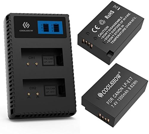 CoolShow LP-E17 LCD Display Charger with 2 Replacement Batteries ,Compatible With Canon EOS M3, M5, M6, Rebel SL2, T6i, Rebel T6s, Rebel T7i, EOS 77D, 760D, 750, 800D, KISS X8i Digital SLR Camera