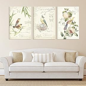 3 Panel Canvas Wall Art - Vintage Style Birds Flowers on Floral Background - Giclee Print Gallery Wrap Modern Home Art Ready to Hang - 16"x24" x 3 Panels