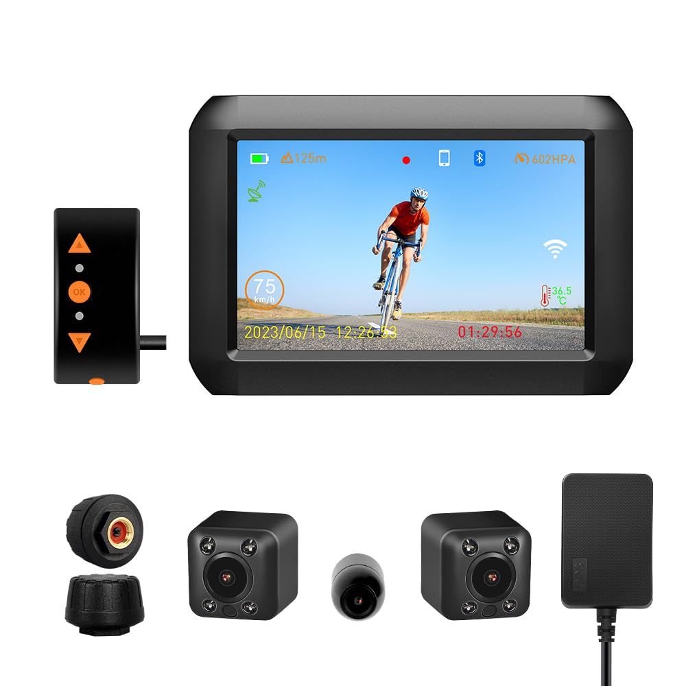 VSYSTO Motorcycle Dash Cam Bike Camera, Bicycle Camera Front and Rear 1080P, 4.0'' Screen Waterproof Action Camera with Selfie Lens, GPS, WiFi, Night Vision, TPMS, G-Sensor