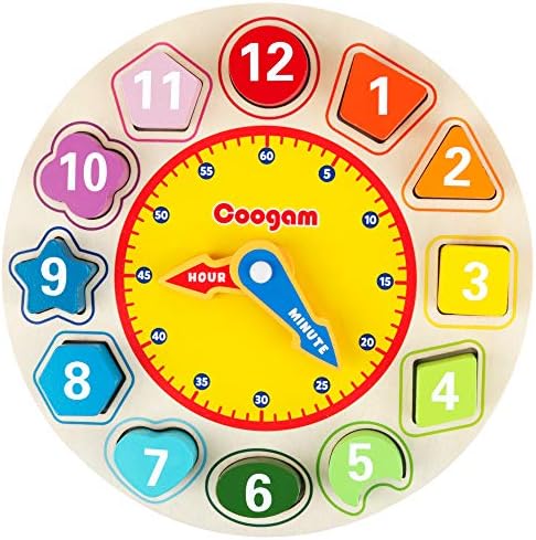 Coogam Wooden Shape Color Sorting Clock – Teaching Time Number Blocks Puzzle Stacking Sorter Jigsaw Montessori Early Learning Educational Toy Gift for 1 2 3 Year Old Toddler Baby Kids