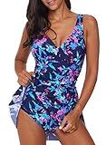 BLENCOT Women's V Neck Printed One Piece Swimdress Asymmetrical Hem Slit Swimsuits Bathing Suit