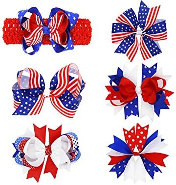 6Pcs Children American Flag Ribbon Bow Hair Clip Girls Independence Day