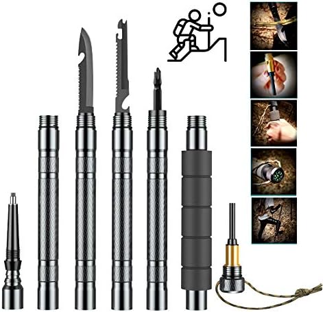 LOSFPVR Trekking Hiking Pole Alpenstocks Walking Sticks Collapsible Multi-Function Adjustable Shockproof Aluminum Lightweight with Flintstone and Compass All Terrain Accessory for Outdoor Survival
