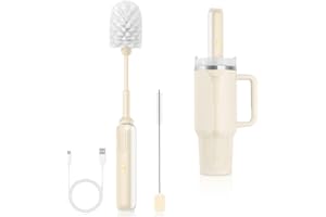 TOLYS Electric Water Bottle Brush, 14.7-Inch Bottle Brush for Tumblers, Mugs, Glasses, Jars & Stanley Cups – Rechargeable, 2 Speeds, Includes Straw Cleaner, Easy Cleaning, Cream