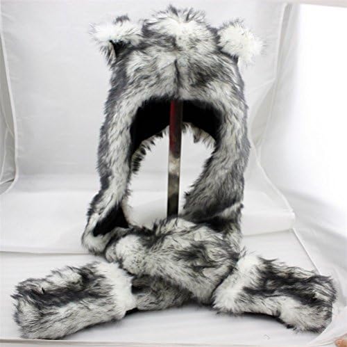 White Wolf Animal Hood Faux Fur Hat Hood Hoods Mittens Gloves Scarf Zipper Mittens Ears and Paws Spirit