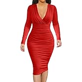 BEAGIMEG Women's Sexy Bodycon Long Sleeve Ruched Deep V Neck Solid Party Club Midi Dress