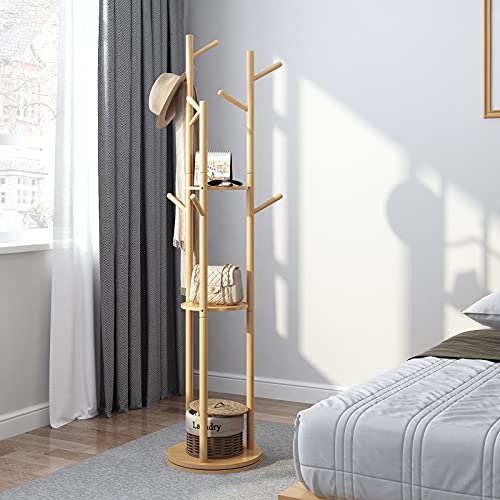 KASLANDI Wooden Coat Rack Freestanding, Rotary Coat Rack Stand with 3