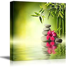 Zen Stones Red Hibiscus and Bamboo on The...