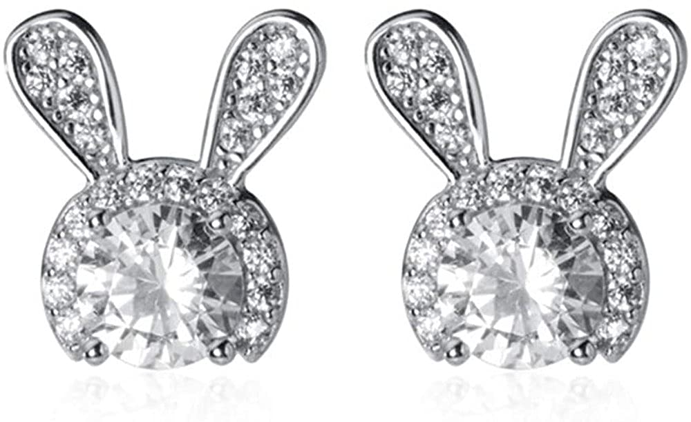 CZ Cute Rabbit Small Stud Earrings S925 Sterling Silver for Women Teen Girls Dainty Crystal Diamond Lovely Bunny Pet Animal Cartilage Earring Ear Pierced Studs Chic Jewelry Birthday Gifts