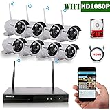 OOSSXX 8-Channel HD 1080P Wireless System/IP Security Camera System 8Pcs 2.0 Megapixel Wireless Indoor/Outdoor IR Bullet IP Cameras,P2P,App, HDMI Cord &amp; 2TB HDD Pre-install