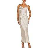 Women's Satin Spaghetti Strap Cowl Neck Backless Midi Wedding Guest Dress Ruched Sleeveless Tie Summer Dresses