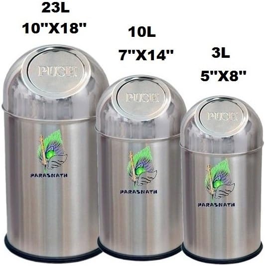 Parasnath Stainless Steel Push Can Dustbin, Stainless Steel Garbage Bin (Set of 3 Pcs) Small,Medium & Large- 7"x14"-10L+5''X8''-3Litre+10''X18''-23L