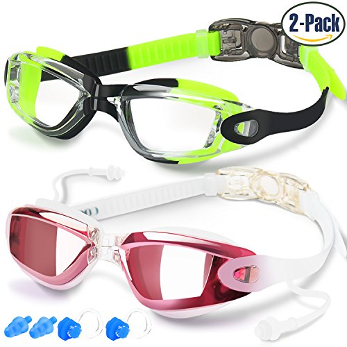 Swim Goggles, Pack of 2, Swimming Goggles for Adult Men Women Youth Kids Child, Triathlon Equipment, with Mirrored & Clear Anti-Fog, Waterproof, UV 400 Protection Lenses, Made by COOLOO