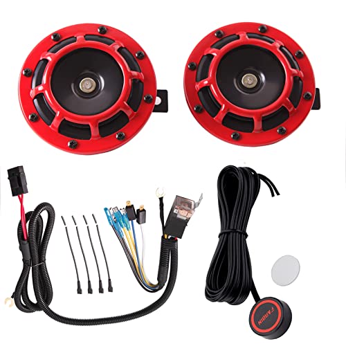 Car Horn12v Waterproof Double Horn, Electric Snails for Cars, Motorcycles, Alternative Electronic Parts for Cars and Horns for Trains (12V, Red with wire and button)