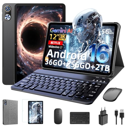 Tablette 12 Pouces avec clavier｜ Android 16 avec Gemini AI｜ 36GB RAM + 256GB ROM (2TB TF)｜2000*1200 Écran HD 90Hz｜ Octa-core Unisoc T7250｜ Caméra 8MP+20MP｜ Face ID｜ Widevine L1｜ 9000mAh｜ GPS (Gris)