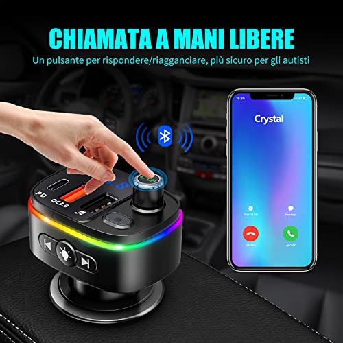 Goigrn Bluetooth per Auto, PD18W e QC3.0 Caricabatterie Auto con Microfono Potente, 9 Controluce a LED RGB, Trasmettitore Bluetooth per Auto Kit Vivavoce, Supporto Assistente Google Siri, Disco U