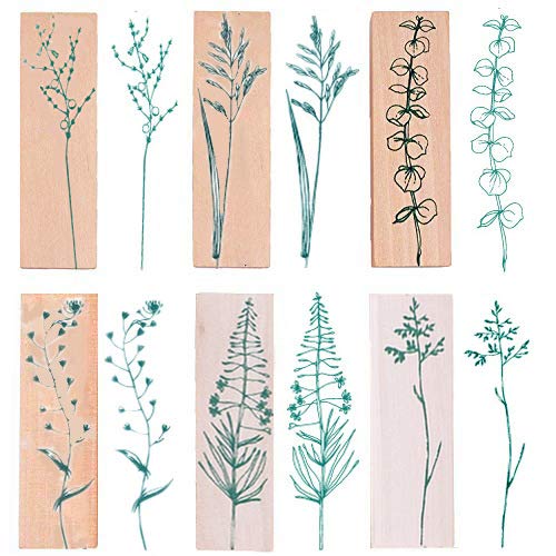 Ioffersuper 6 Pcs Decorative Wooden Stamps with Leaf Plant Pattern, Rubber Stamp Set for Scrapbooking DIY Card Making