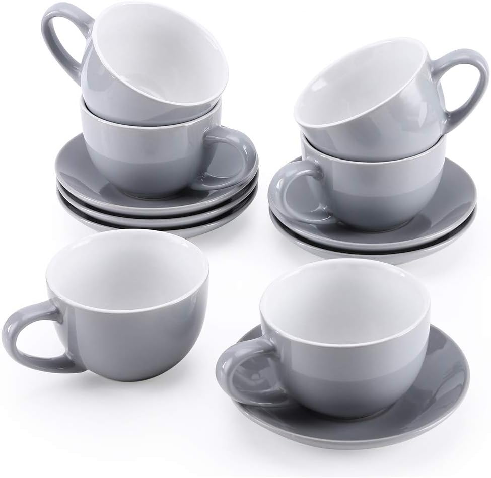 8.5oz Tea Cup and Saucer Set of 6, porcelain coffee mugs