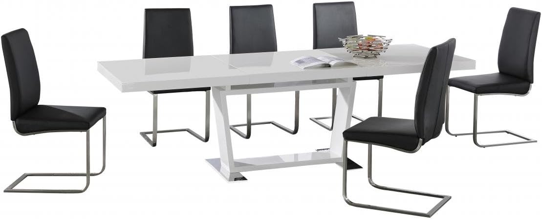 Maxwell Extending Dining Table with Stainless Steel Base 6 Chairs, Dining Room Table & Chair Set, High Gloss Table, 1600W + (800) x 900D, Dining Room Furniture, White