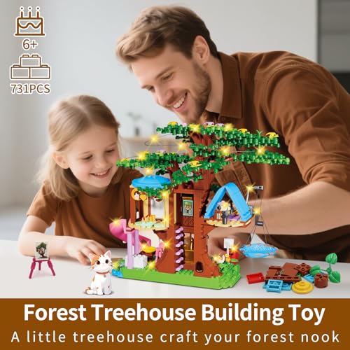 kiothdre Tree House Construction Set Compatible with Friends, Tree House Kit for Girls 731 Pieces with LED Light, Cat, Slide and Hanging Hammock, Christmas Birthday Gifts for Girls 6-12 Years Old
