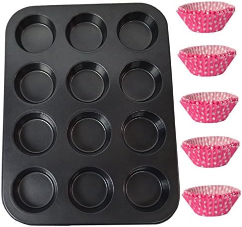 Classic Cooking Nonstick-12-Cup Muffin Cupcake Bakeware Baking Pan with 50-ct paper cupcake cups. Heavy Weight Steel for Even Heating - Awesome Baking Results! (Pink and White Polka Dot Cups)