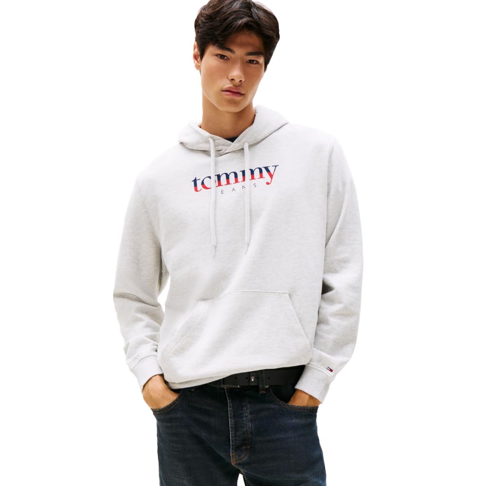 Tommy Jeans Men’s Medium Weight Hoodie Sweatshirt with Printed Two-Tone Logo, Light Grey Heather