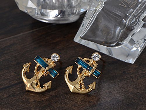 Alilang Golden Tone Blue Crystal Rhinestone Nautical Anchor Stud Earrings