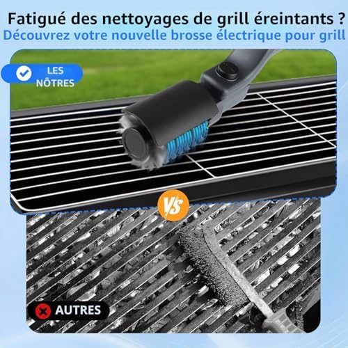 Brosse de nettoyage électrique améliorée pour gril, brosse de nettoyage de gril sans fil rechargeable avec angle réglable, tête de brosse en acier inoxydable, puissance à 3 vitesses, autonomie de 90