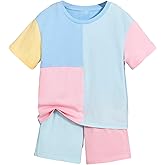 Verdusa Boy's 2 Piece Outfit Colorblock Short Sleeve Round Neck T Shirt and Shorts Set