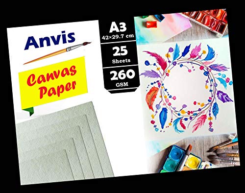 Anvis Canvas Drawing Textures Hand Made Papers A3 Size (White, 42×29.7cm) 260 GSM 25 Sheets Rough Grain Surface for Water colour, Acrylic, Ink and Mixed Media