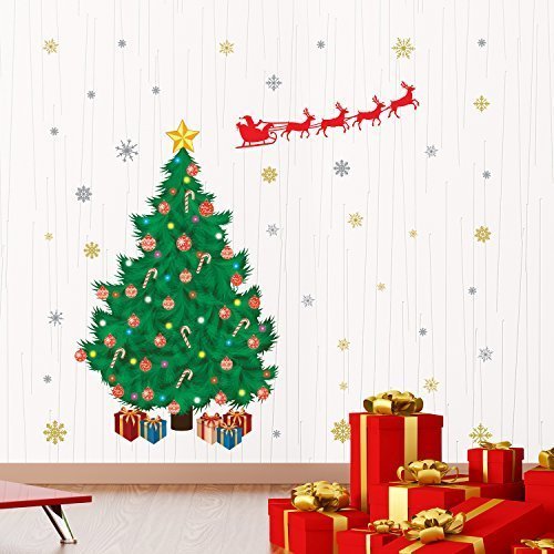 Wallflexi Christmas Decorations Wall Stickers "Santa's Sleigh with Christmas Tree" Wall Murals Decals living Room Children Nursery School Restaurant Cafe Hotel Home Office Décor, multicolour