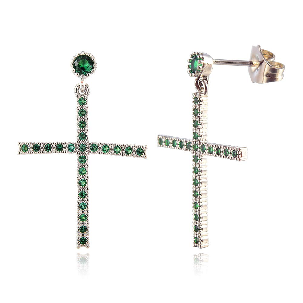 [RIZILIA CROSS] Dangle Drop Pierced Earrings with Round Cut Gemstones CZ [Green Emerald] in 18K White Gold Plated, Simple Modern Elegant — image 1