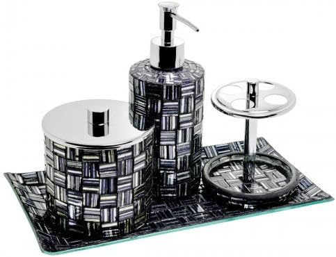 Haute Collage 4 Piece Glass Mosaic Silver Leaf Black Silver Bathroom Accessories Set Bbath Organiser Includes Soap Dispenser Pump Toothbrush Holder Tumbler Soap Dish Tray Sanitary Home Decor Gift Amazon Co Uk Kitchen