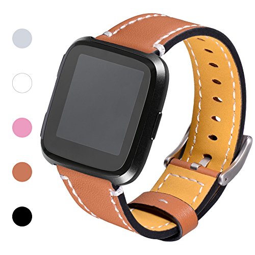 Henoda for Fitbit Versa Classic Leather Accessory Bands for Women Men, Genuine Leather Wristband Replacement Strap for Fitbit Versa Fitness Smart Watch Brown