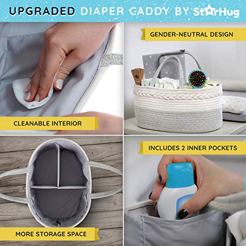 StarHug Baby Diaper Caddy Organizer – Baby Shower Basket with 2 Inner Pockets, Cleanable Interior, 100% Cotton Rope, Eco-Friendly, Large (Diaper Caddy + Portable Changing Pad)