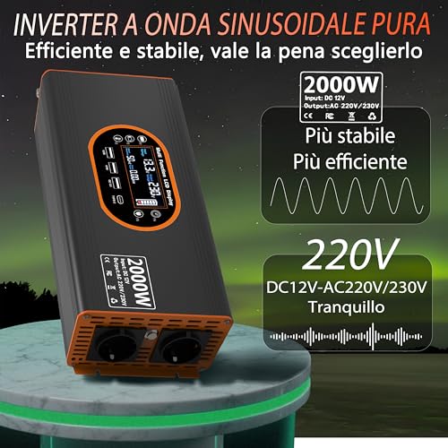 2000W Inverter 12v 220v Pure Wave - 12v Voltage Transformer LCD Display with 2 EU Sockets and 3 USB Ports and a Type C Port, Remote Control Socket for Motorhome, Car and Camping