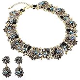 Vintage Crystal Rhinestone Statement Choker Bib Statement Necklace Earring Fashion Costume Jewelry Set for Women